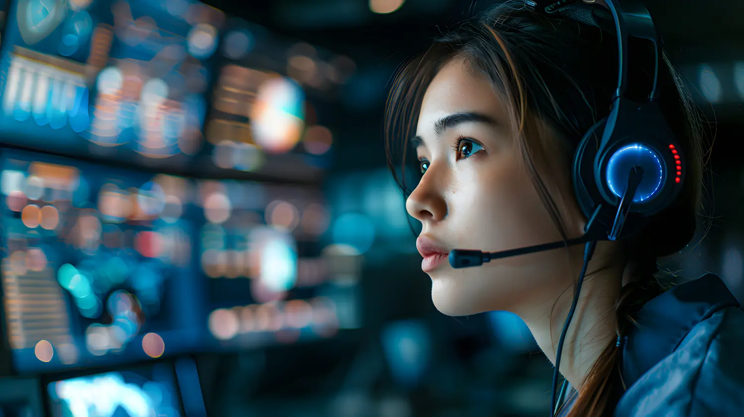 Konzentrierte Frau mit Headset arbeitet an mehreren Bildschirmen in einer Hightech-Umgebung.