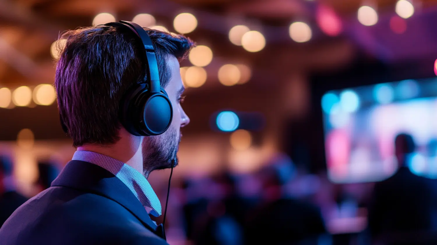 Detailaufnahme einer Dolmetscherin mit Kopfhörern beim Dolmetschen während einer Live-Veranstaltung.